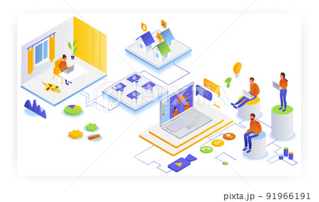 People working remotely from home, flat vector isometric illustration. Home office, freelance, webinar, video conference People working remotely from home, flat vector isometric illustration. Home office, freelance, webinar, video conference 91966191