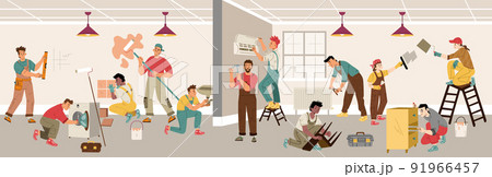 Renovation workers repair home interior, team Renovation workers repair home interior, team 91966457