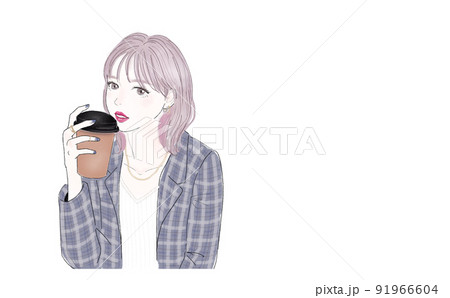 コーヒーカップを口元に持ってくる女の子 横画面 のイラスト素材