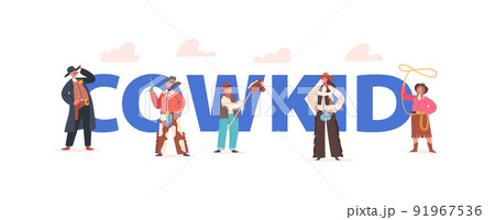 Cowkid Concept, Cowboy Kids In Traditional Wild West Costumes And Hats. Boys And Girls Characters Western Personages Cowkid Concept, Cowboy Kids In Traditional Wild West Costumes And Hats. Boys And Girls Characters Western Personages 91967536