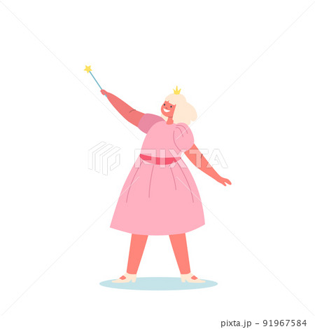 Girl in in Funny Theatrical Costume of Fairy or Princess with Wand. Child Character Wear Pink Dress Isolated 91967584