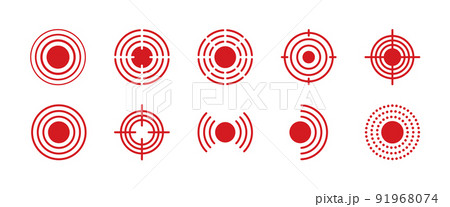 Pain point icons set. Pain red circles mark. Target spot symbols for medical design. Concept killer for headaches, abdominal aches. Editable stroke. Vector illustration isolated on white background 91968074