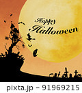 満月の日のハロウィンの影絵(切り絵風) 91969215