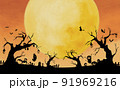 満月の日のハロウィンの影絵(切り絵風) 91969216