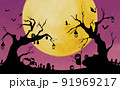 満月の日のハロウィンの影絵(切り絵風) 91969217