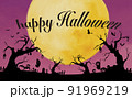 満月の日のハロウィンの影絵(切り絵風) 91969219
