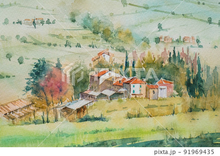 南フランスの小さな村　 水彩画　風景画 91969435