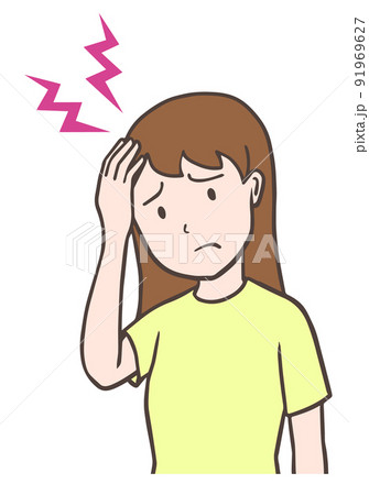 ズキズキする頭痛、偏頭痛、片手を頭に当てる女性 ズキズキする頭痛、偏頭痛、片手を頭に当てる女性 91969627