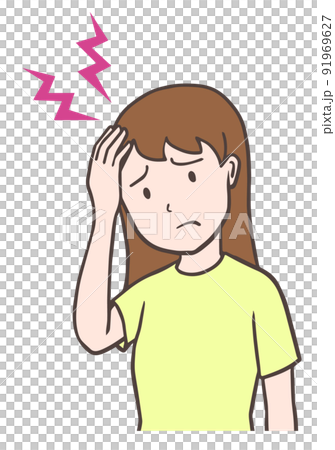 ズキズキする頭痛、偏頭痛、片手を頭に当てる女性 ズキズキする頭痛、偏頭痛、片手を頭に当てる女性 91969627