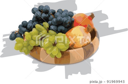 Abstract image of Pomegranates and grapes in fruit tray on grey color. 91969943