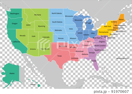 Map of the United States, color-coded nine districts, English state names 91970607
