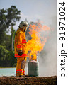 Firefighter with fire and suit for protect fire fighter for training firefighters. 91971024