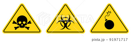 Danger toxic, poison, toxic, biohazard caution sign. Skull, virus, chemical danger yellow triangle symbol element 91971717