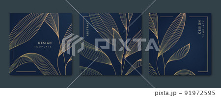 Vector set of abstract luxury golden square cards, post templates for social net, leaves botanical modern, art deco wallpaper background. Pattern, texture for print, fabric, packaging design 91972595
