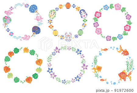 夏祭り和風イラスト丸フレームセット 91972600