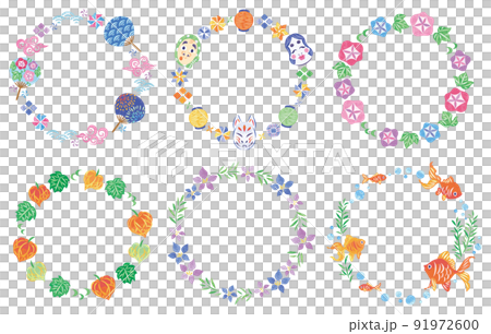 夏季節日日式插圖圓形框架集 91972600