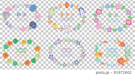夏季節日日式插圖圓形框架側面設置 91972602