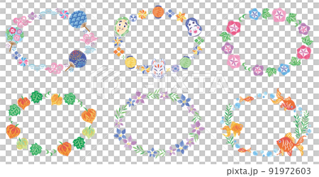 夏季節日日式插圖圓形框架側面設置 91972603