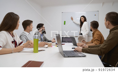 Female manager or team leader. Team and manager discussing during the meeting in IT office Female manager or team leader. Team and manager discussing during the meeting in IT office 91972634