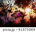Abstract digital painting of forest at sunset time, warm tone image 91973069