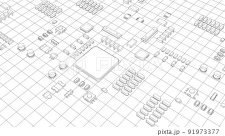 Electric circuit board, various chips. Vector 91973377
