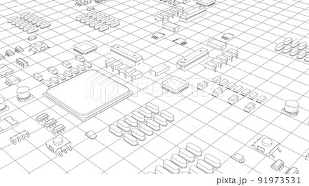 Electric circuit board, various chips. Vector 91973531