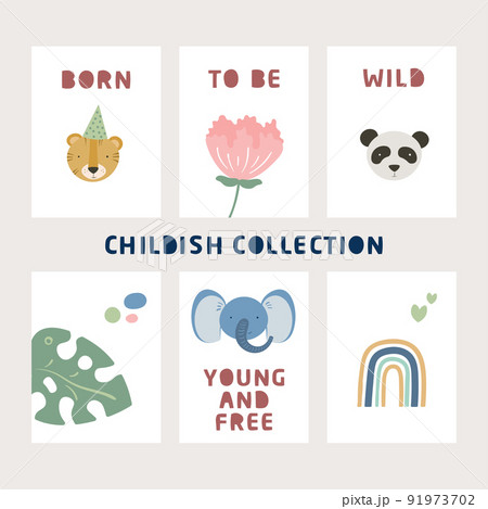 Cartoon cute animals baby card collection with text Cartoon cute animals baby card collection with text 91973702