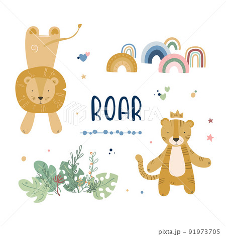 Cartoon cute animals baby card with lion and tiger Cartoon cute animals baby card with lion and tiger 91973705