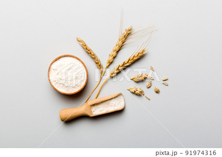 Flat lay of Wheat flour in wooden bowl with wheat spikelets on colored background. world wheat crisis 91974316