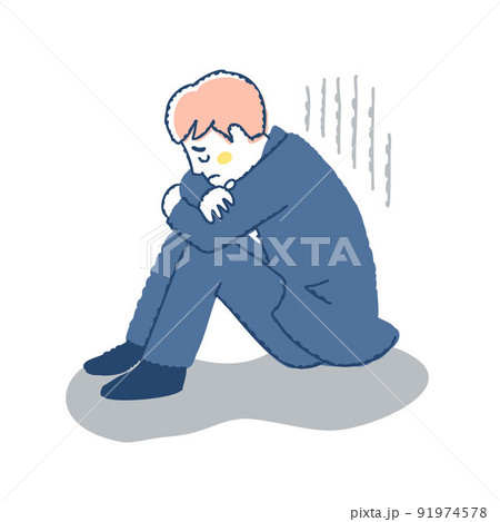 膝を抱えて落ち込んでいる男性 91974578