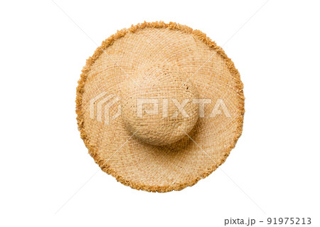 Womens summer yellow straw hat top view, isolated on white background 91975213
