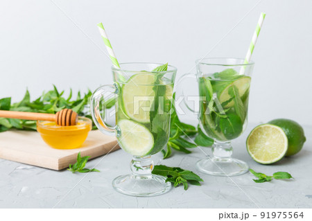 Mojito cocktail. Refreshing mojito cocktail with lime, lemon and mint in a tall glass with a stick Mojito cocktail. Refreshing mojito cocktail with lime, lemon and mint in a tall glass with a stick 91975564