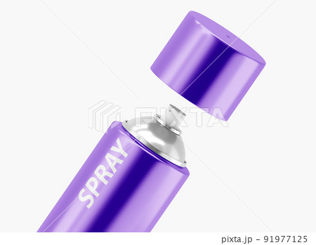 Purple spray bottle with open lid, packaging mockup. Aerosol can for paint, deodorant or hairspray isolated on white background. Hair or body care cosmetic tube template close up. Realistic 3d render 91977125