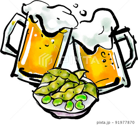 「枝豆（えだまめ）とビール」の手書きイラスト（筆書き墨絵風） 91977870