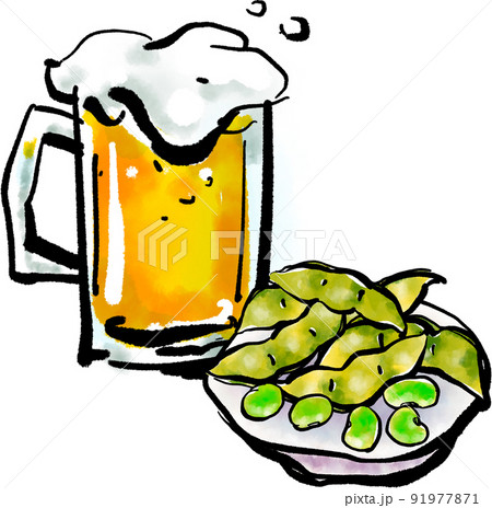 「枝豆（えだまめ）とビール」の手書きイラスト（筆書き墨絵風） 91977871