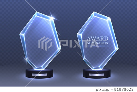 Glass trophy, award nomination winner. Realistic crystal award with silver plate. Glass trophy, award nomination winner. Realistic crystal award with silver plate. 91978025