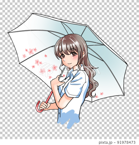 [Natural hair color] A girl with curly hair in charge of red holding a floral umbrella 91978473