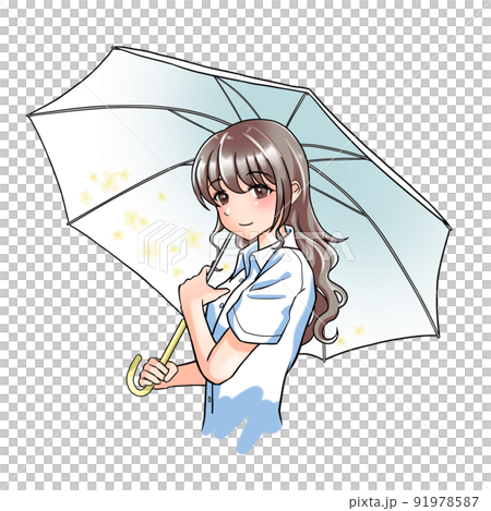 [Natural hair color] A girl with curly hair in charge of yellow holding a floral umbrella 91978587