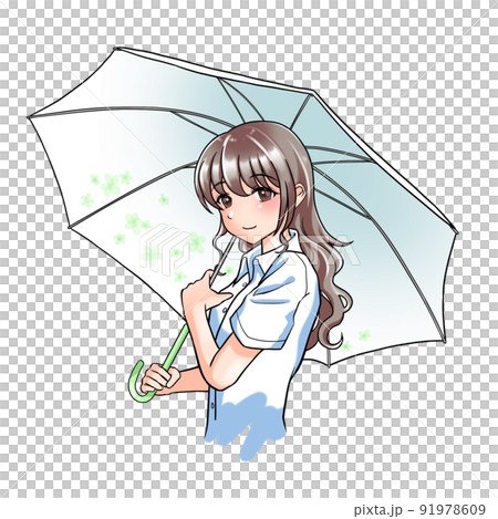 [Natural hair color] A girl with curly hair in charge of green holding a floral umbrella 91978609