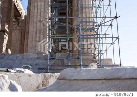 view on parthenone athens from small real parts, reconstruction in process close up view on parthenone athens from small real parts, reconstruction in process close up 91979671