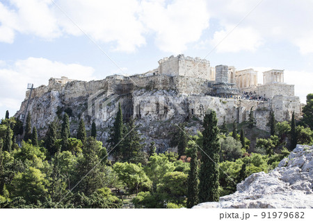 view on parthenone athens from small real parts, reconstruction in process close up 91979682