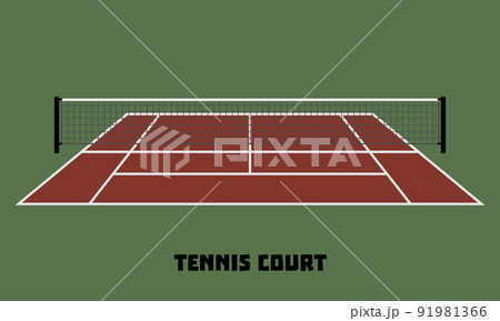 Dark red tennis court on green with net background. Flat vector illustration. 91981366