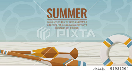 Oars on a wooden pontoon or pier near the water, lifebuoy. Vector illustration in nautical summer 91981564