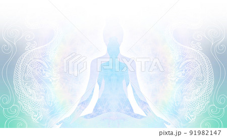 双龍と虹の輪にエメラルドブルー色の背景でヨガ瞑想する女性のcgイラスト素材 91982147
