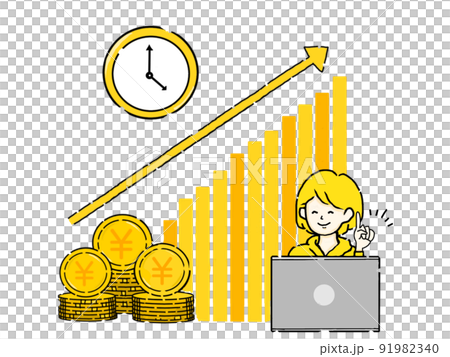 一個隨著時間的推移增加財富的年輕女性 一個隨著時間的推移增加財富的年輕女性 91982340