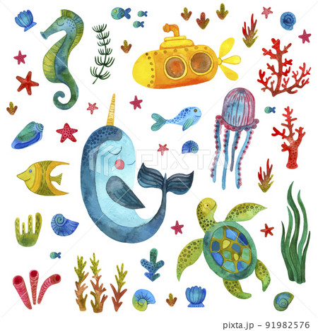 Cute set of colorful marine life from the sea and ocean in a childish style. Starfish, fur seal, corals, algae, fish, yellow submarine, snails 91982576