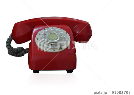 front view antique red and white telephone on white background, object, vintage, retro, decor, copy space front view antique red and white telephone on white background, object, vintage, retro, decor, copy space 91982705