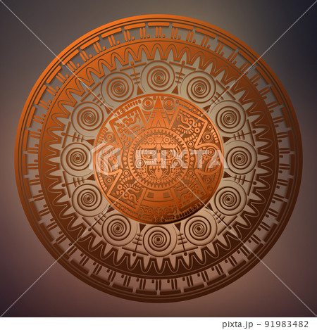 Sacred Aztec wheel calendar Mayan sun god, Maya symbols ethnic mask, bronze round frame border old logo icon vector illustration isolated on vintage background 91983482
