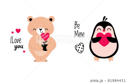 Cute Little Bear with Flower in Pot and Penguin with Heart as Valentine Day Celebration Vector Set 91984431