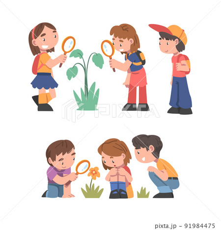 Curious Boy and Girl Near Blooming Flower with Magnifying Glass Studying Plant and Exploring Environment Vector Set Curious Boy and Girl Near Blooming Flower with Magnifying Glass Studying Plant and Exploring Environment Vector Set 91984475